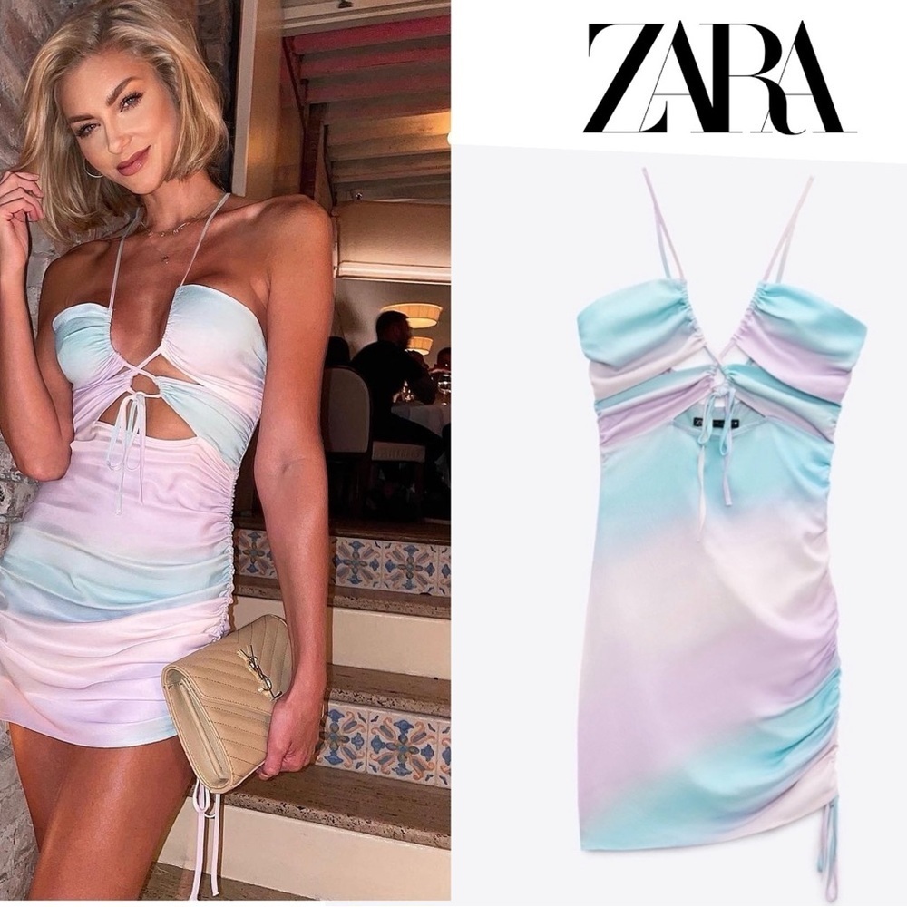 Zara blue green purple pastel ombre cut out strappy ruched halter top mini dress